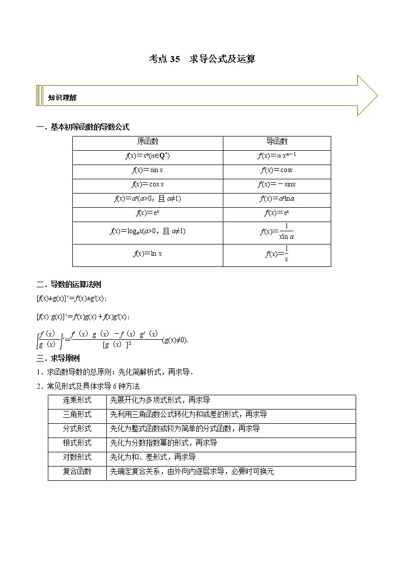 2021年高考艺术生数学基础复习 考点35 求导公式及运算（教师版含解析）第1页