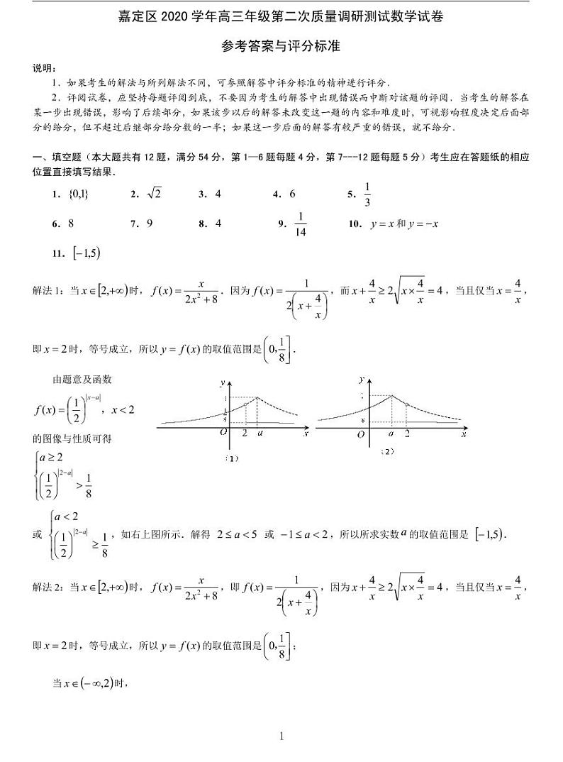 嘉定区20201届高三二模数学卷参考答案与评分标准第1页