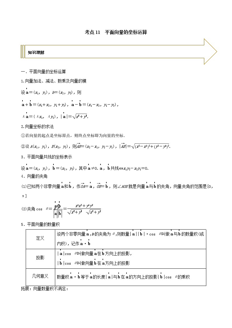 2021年高考艺术生数学基础复习 考点11 平面向量的坐标运算（学生版） 教案01