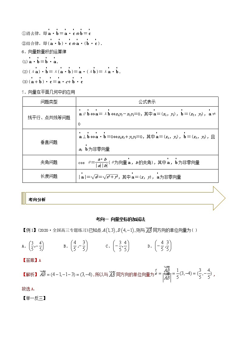 2021年高考艺术生数学基础复习 考点11 平面向量的坐标运算（教师版含解析） 教案02
