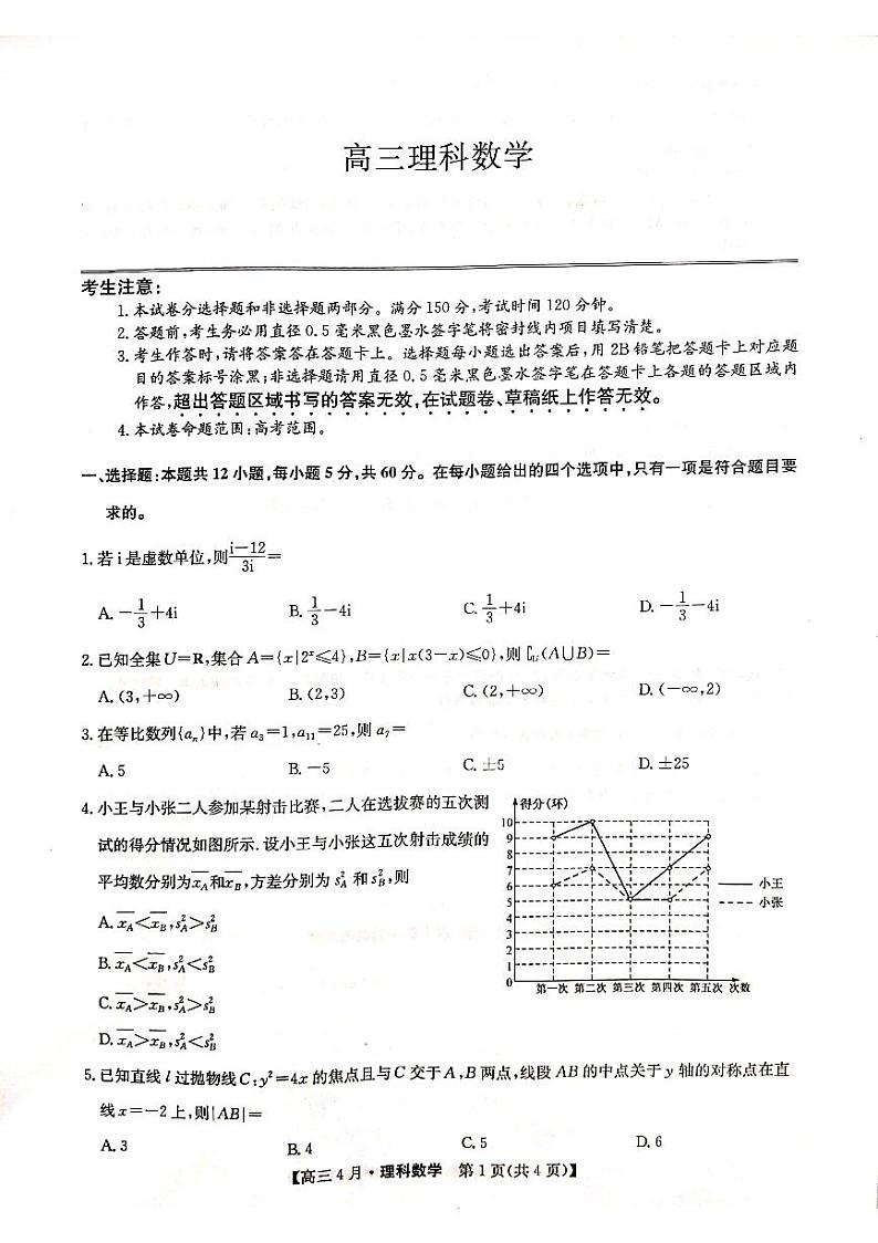 2021届高三四月联考理科数学试题第1页