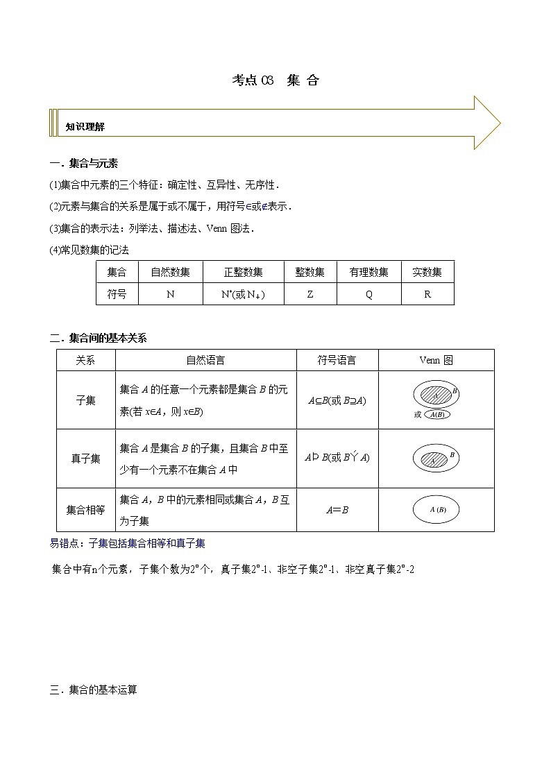 2021年高考艺术生数学基础复习 考点03 集合（学生版） 教案01