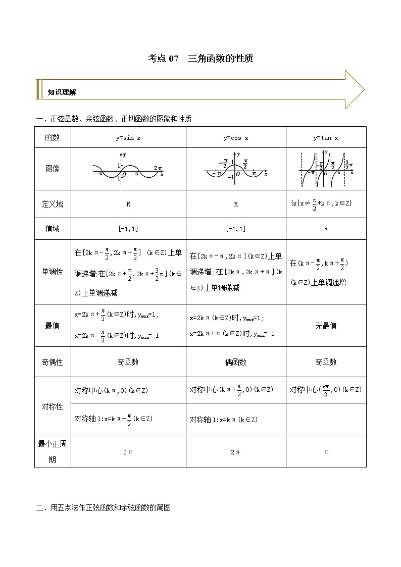2021年高考艺术生数学基础复习 考点07 三角函数的性质（学生版） 教案01