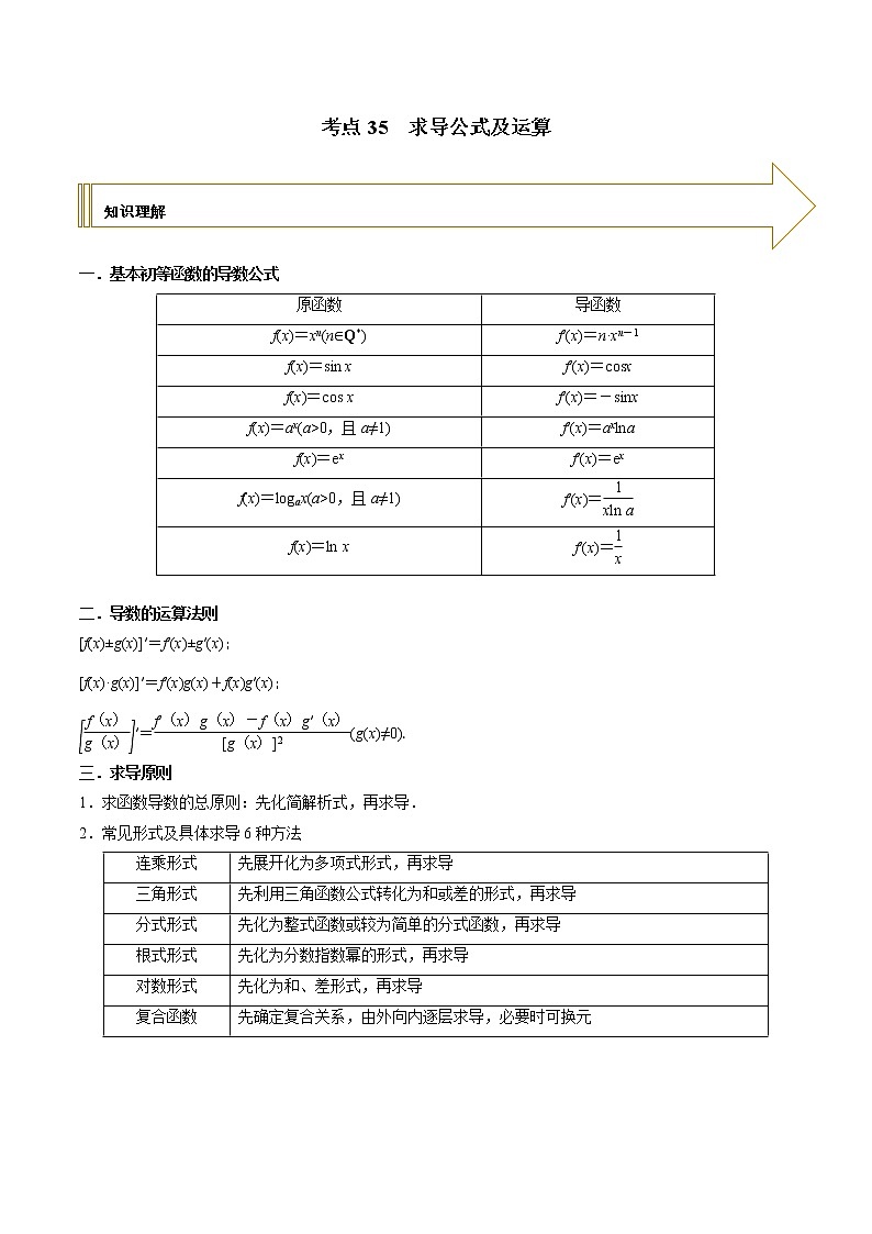 2021年高考艺术生数学基础复习 考点35 求导公式及运算（学生版）第1页