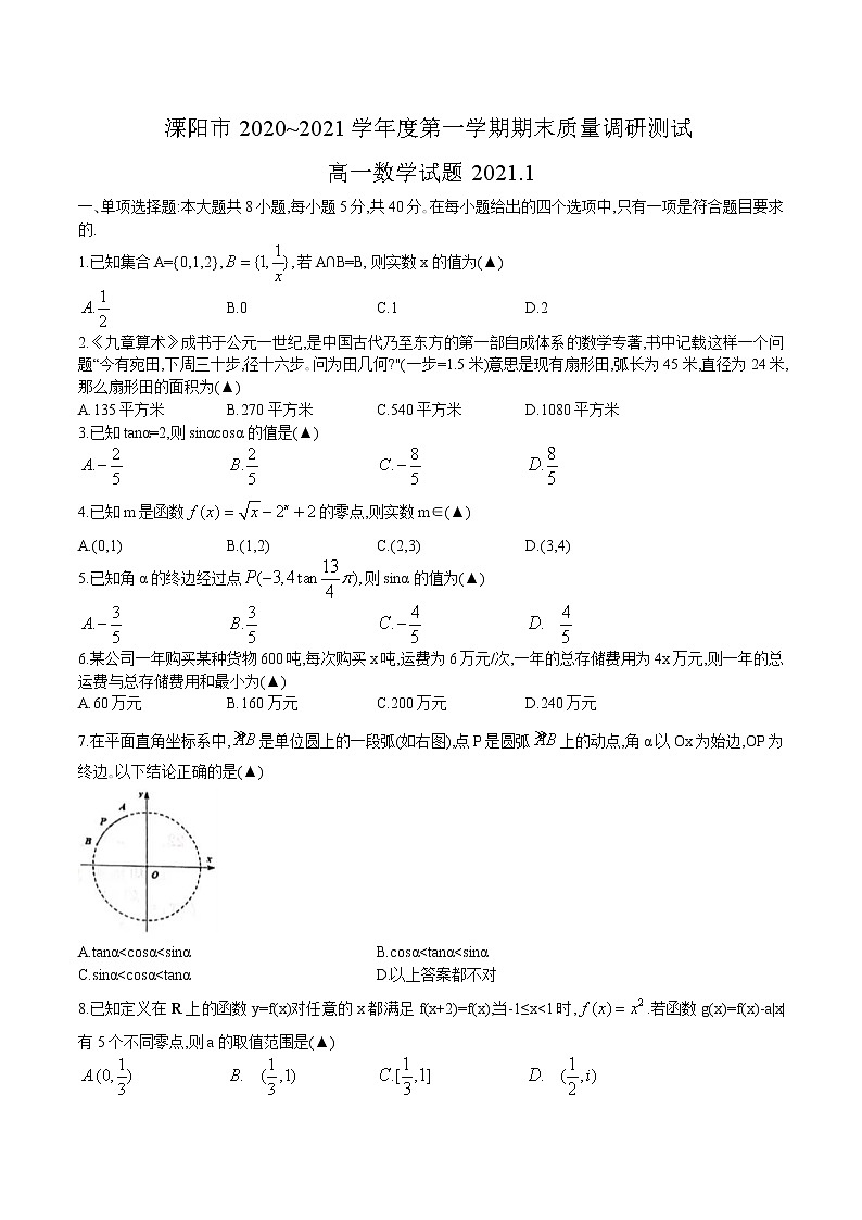 江苏省溧阳市2020-2021学年高一上学期末考试数学试卷（无答案）01
