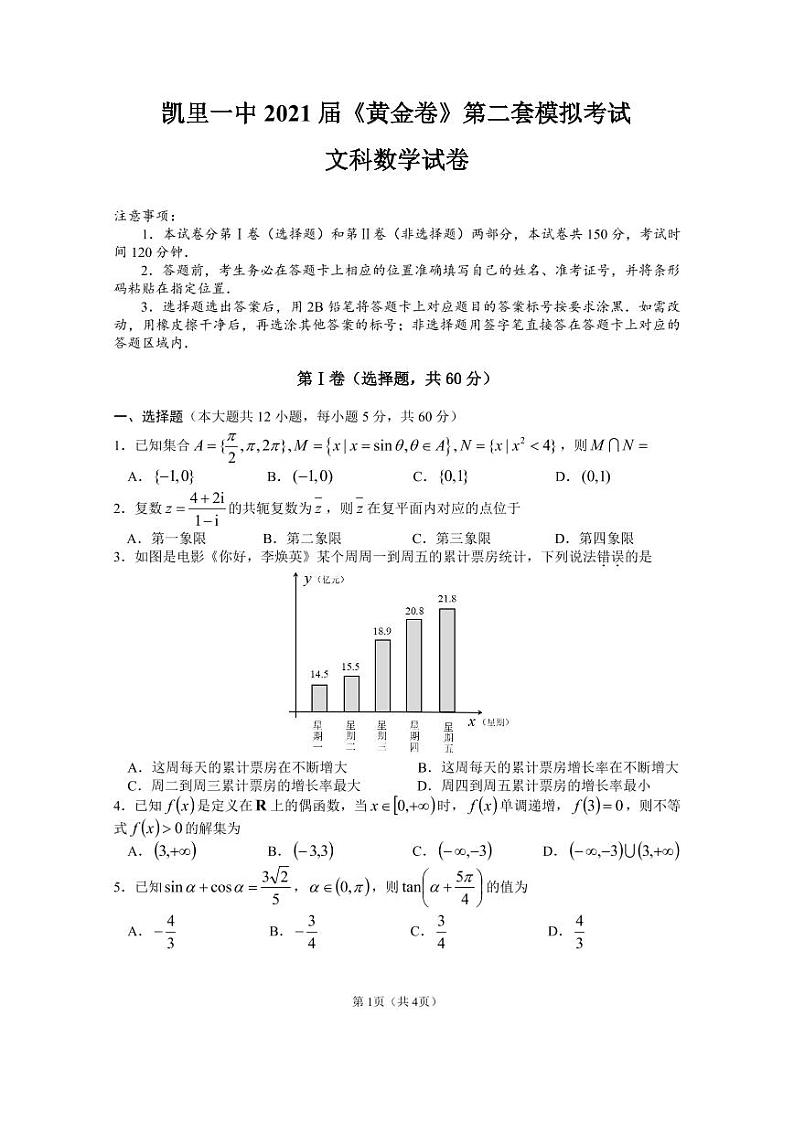 贵州省凯里市第一中学2021届高三下学期4月模拟考试《黄金二卷》数学（文）试题 PDF版含答案01