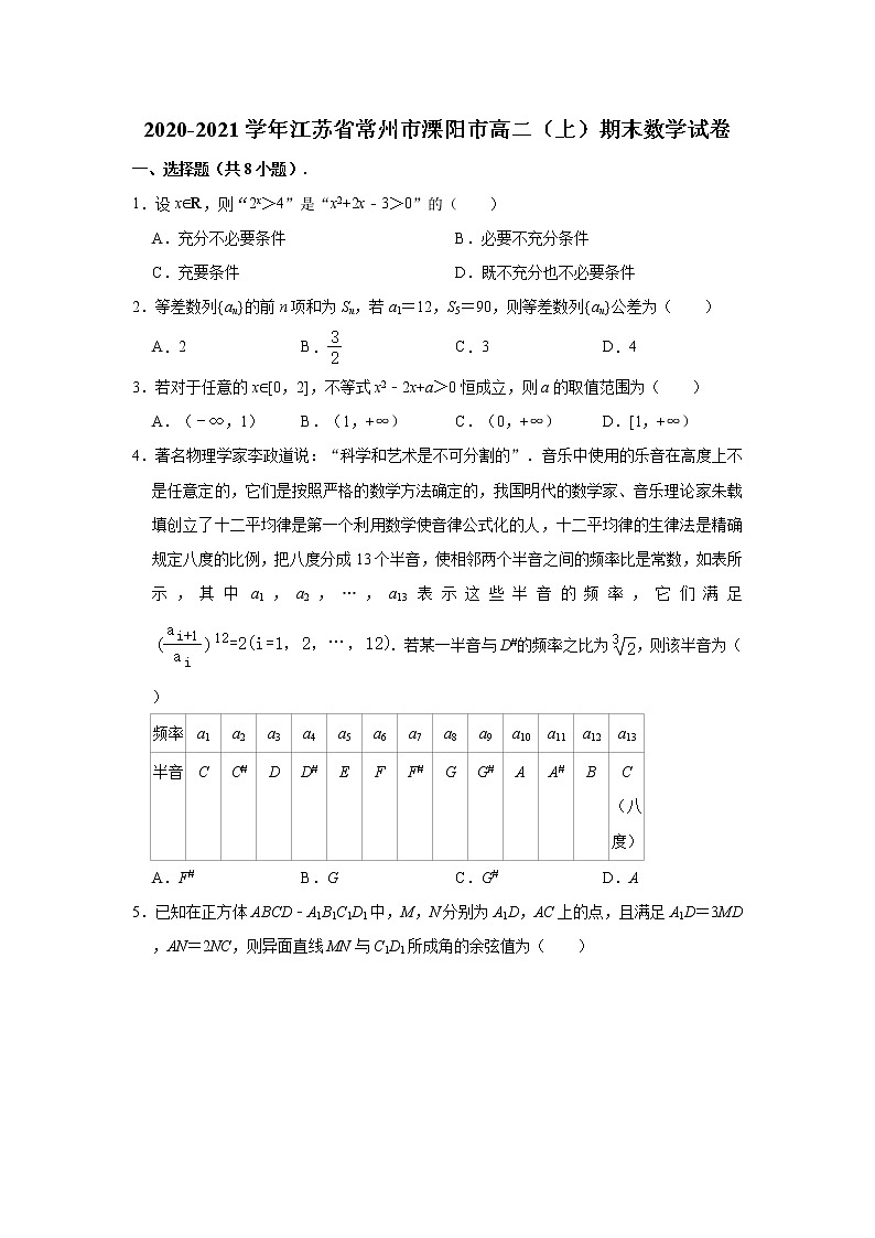 江苏省常州市溧阳市2020-2021学年高二上学期期末数学试卷 （解析版）01