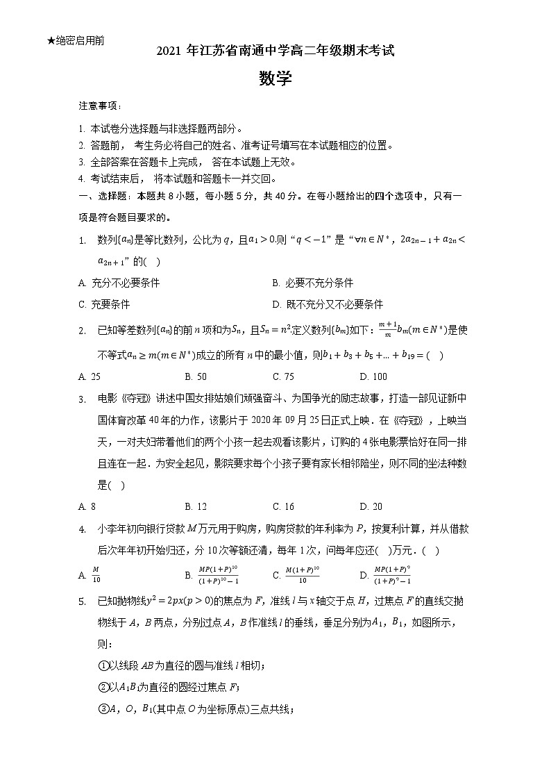 江苏省南通中学2020-2021学年高二上学期期末考试数学试题（解析版）01
