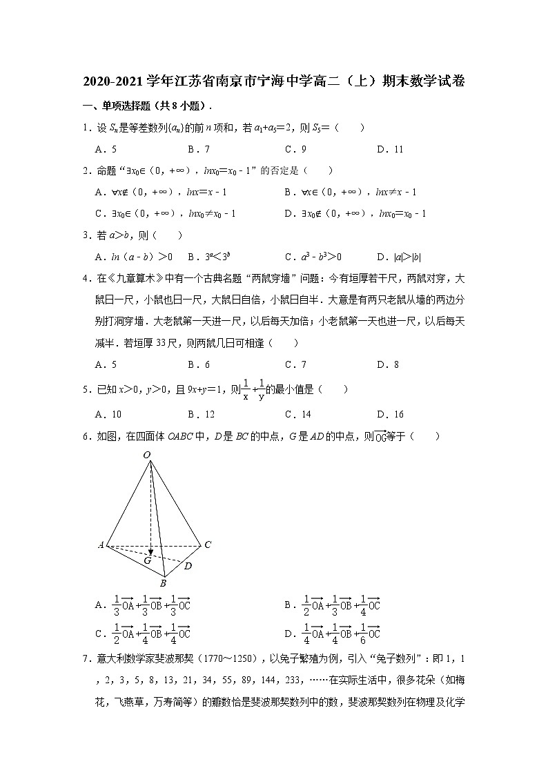 江苏省南京市宁海中学2020—2021学年高二上学期期末数学试卷 （解析版）01
