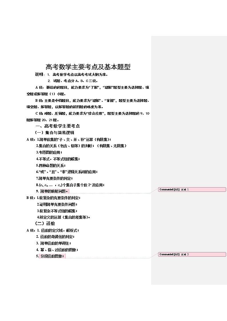 附：高考数学主要考点及基本题型第1页