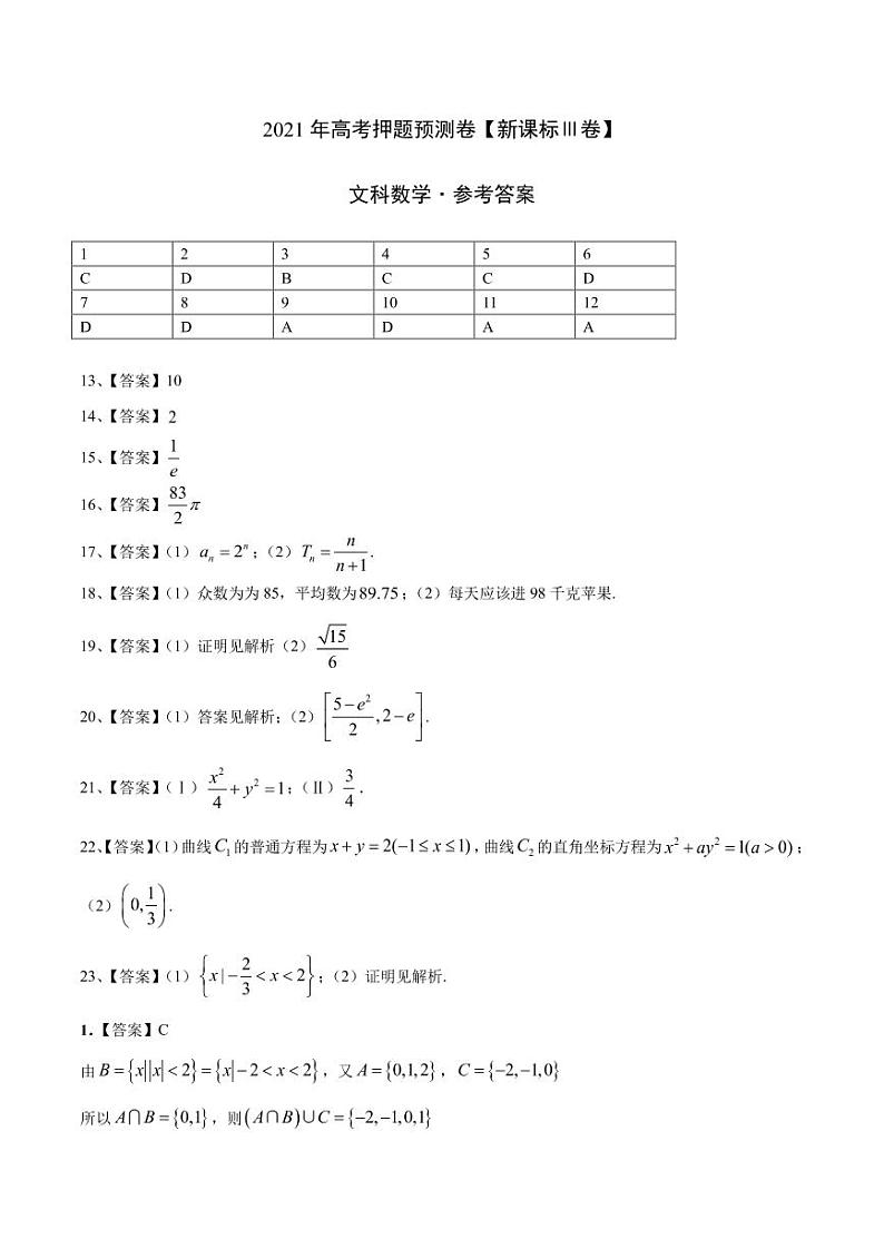 2021年高考数学（文）押题卷（新课标III卷）0101