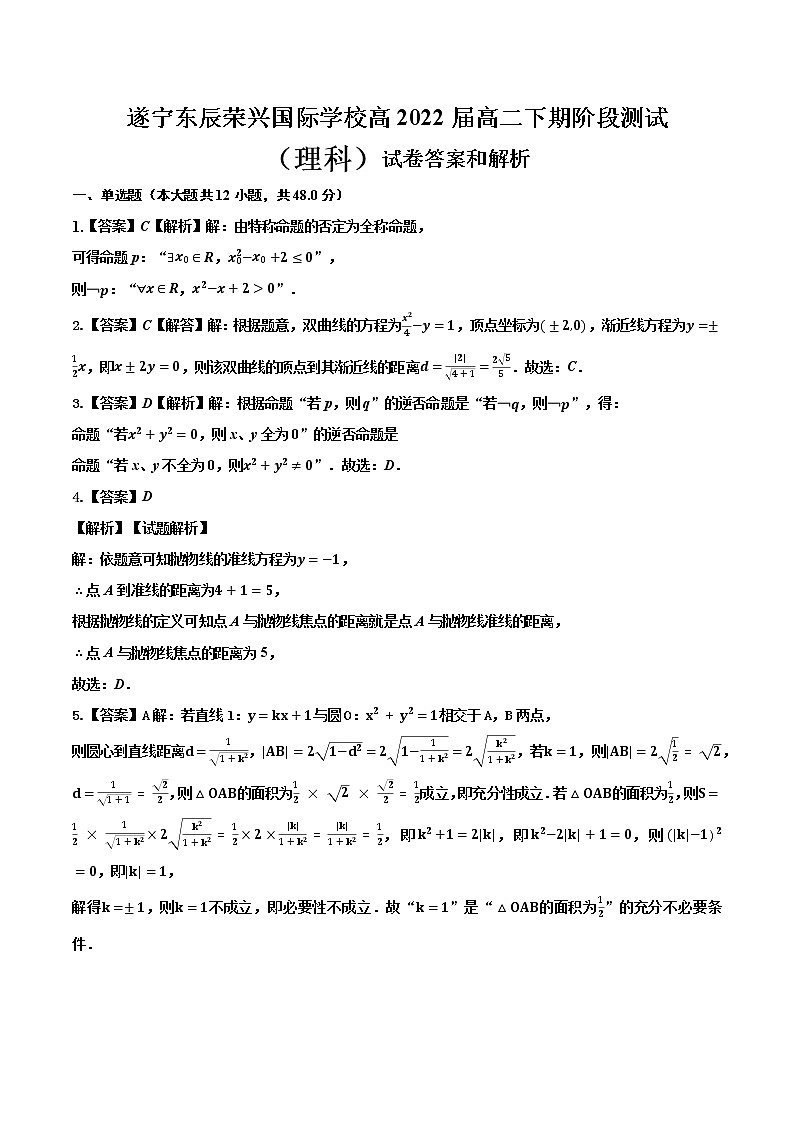高2022届高二下期阶段测试(理）答案和解析第1页