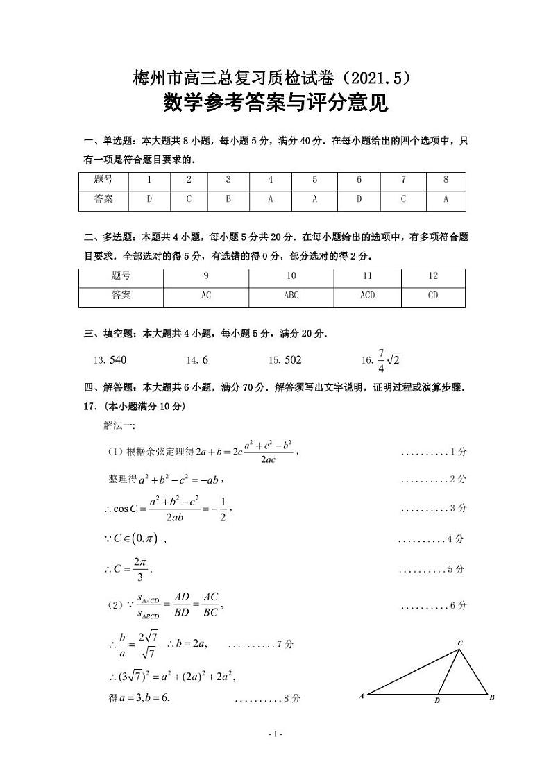 广东省梅州市2021届高三总复习二检数学试题01