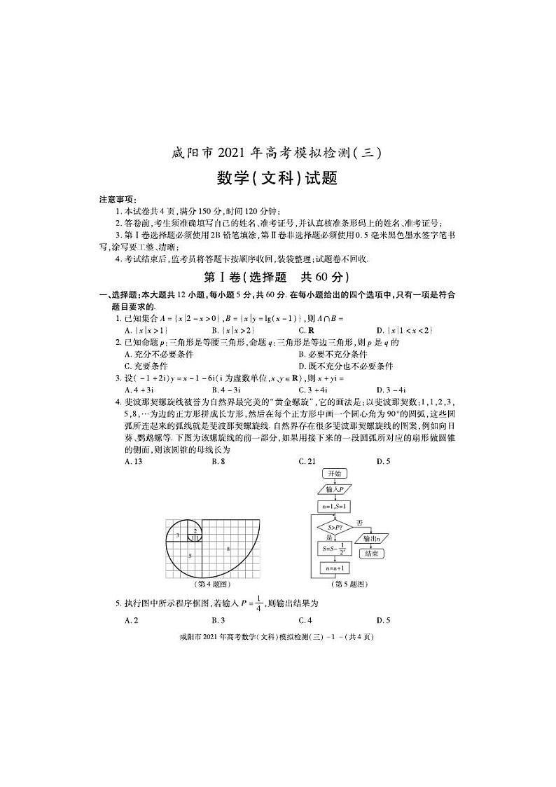 陕西省咸阳市2021届高三高考模拟检测（三）数学（文）（图片版）（含答案）01