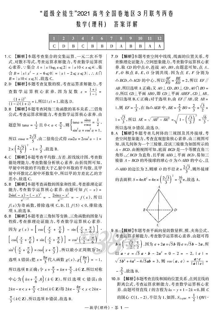 “超级全能生”2021届高三全国卷地区3月联考试题：理数答案解析第1页