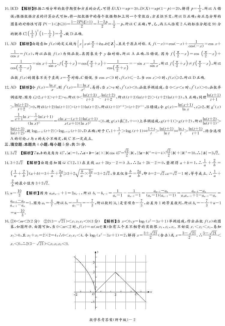 2021届湖南师范大学附属中学高考模拟试卷（二）数学答案第2页