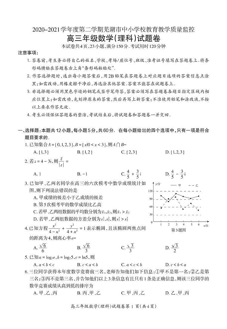 安徽省芜湖市2021届高三下学期5月二模考试 数学（理）（PDF版）第1页