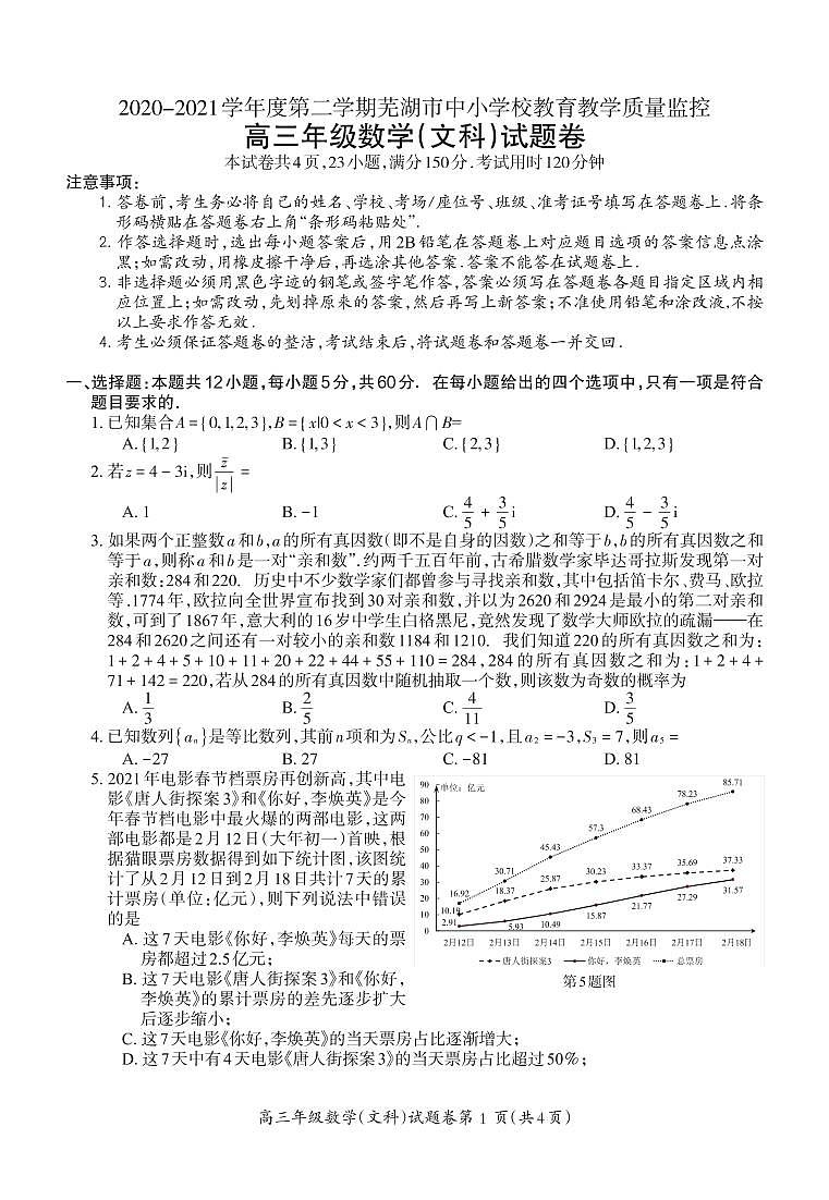 安徽省芜湖市2021届高三下学期5月二模考试 数学（文）（PDF版）第1页