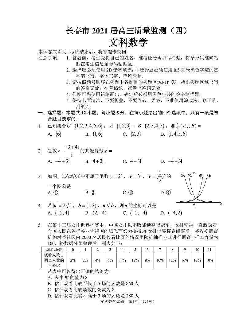 吉林省长春市2021届高三第四次质量预测：文数卷及答案（PDF版）01