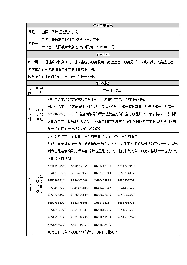人教B版（2019）必修第二册高中数学由样本估计总数及其模拟-教学设计01
