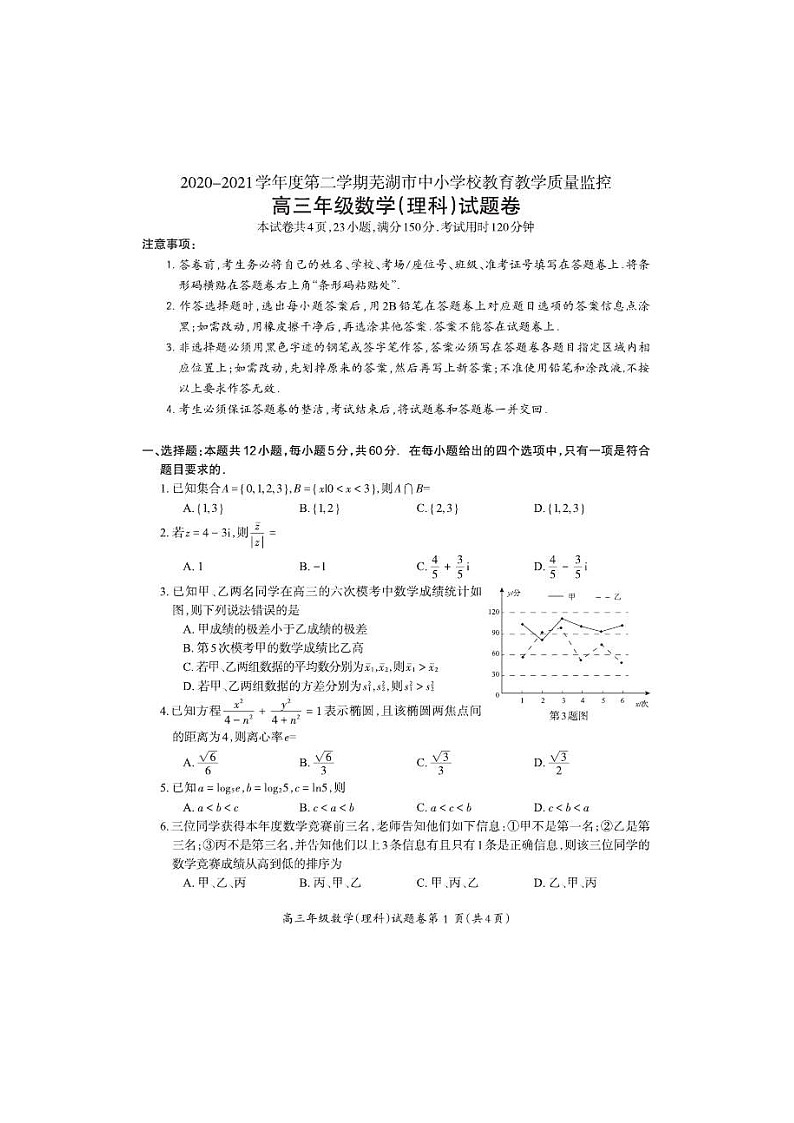 安徽省芜湖市2021届高三下学期5月二模考试 数学（理）（含答案）第1页