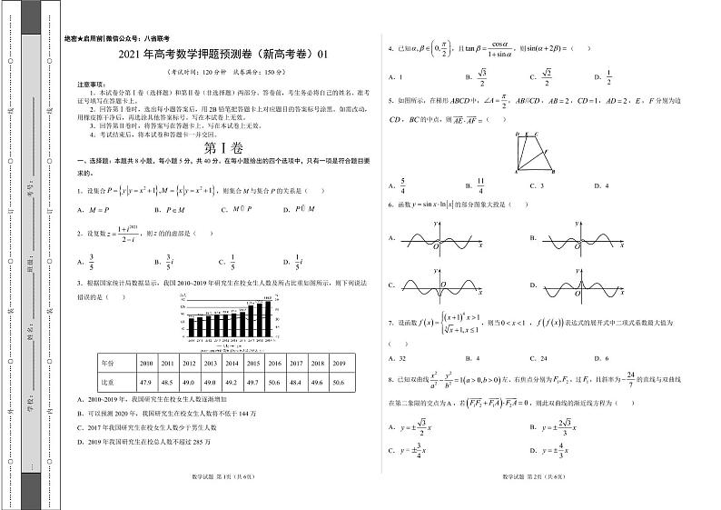 2021年八省新高考样卷（新高考卷）01-数学（考试版）第1页