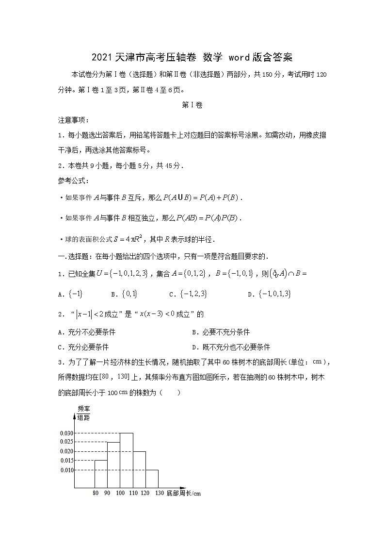 2021天津市高考压轴卷：数学+答案解析01