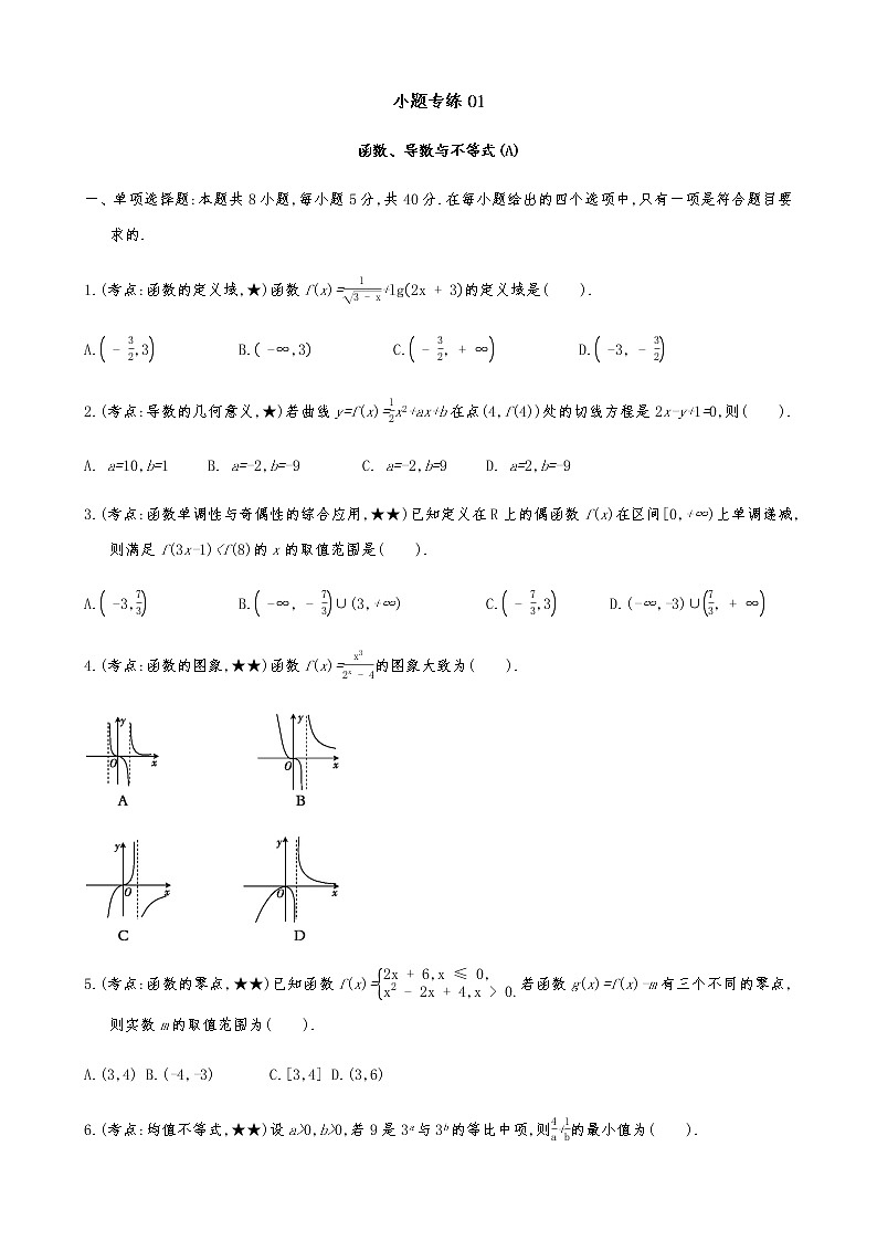2021届高考数学二轮复习专题小题专练01函数、导数与不等式(A)第1页