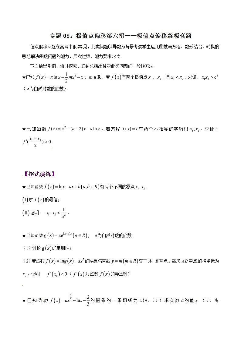 专题1.8 极值点偏移第六招——极值点偏移终极套路-2020届高考数学压轴题讲义(解答题)（原卷版）01
