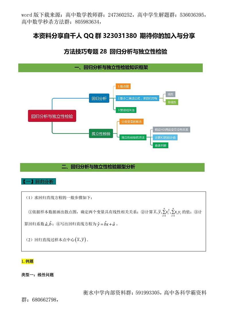 2021高考数学二轮复习专题28 回归分析与独立性检验（学生版）01