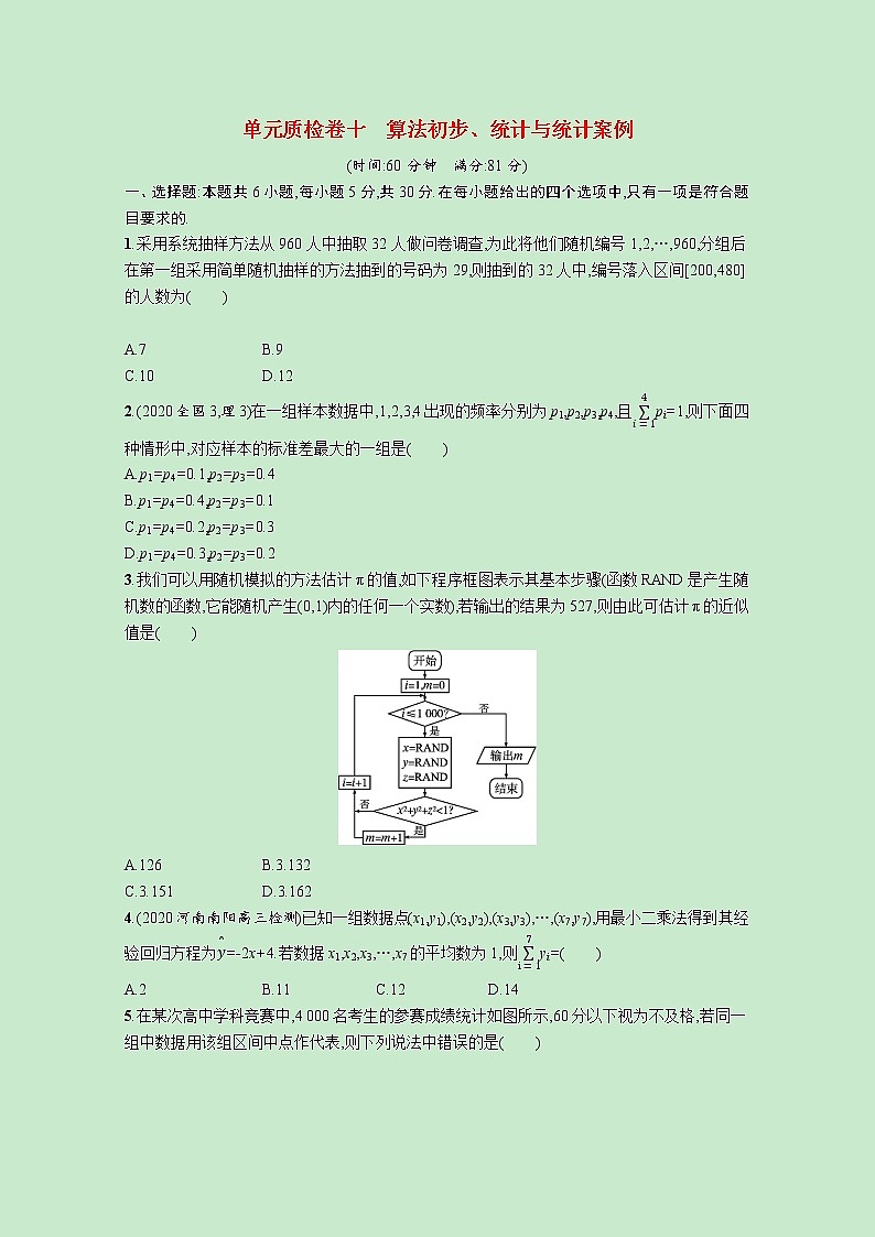 2022高考数学一轮复习单元质检卷十算法初步统计与统计案例（含解析）01