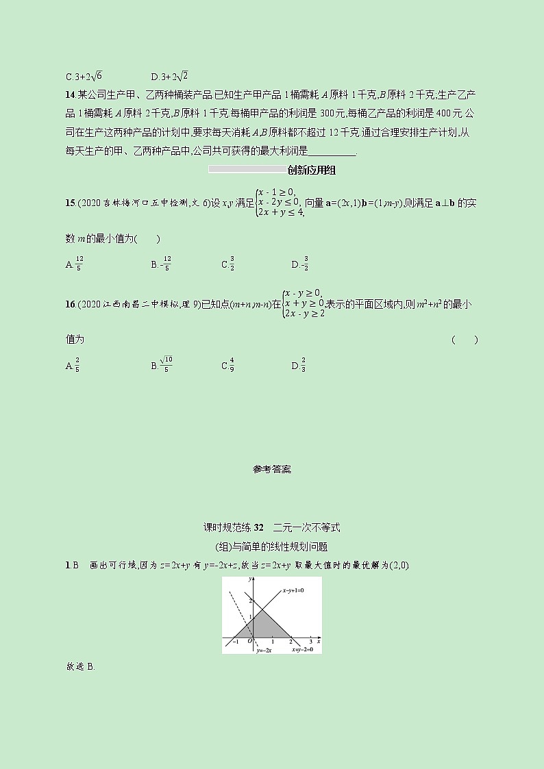 2022高考数学一轮复习课时规范练32二元一次不等式组与简单的线性规划问题（含解析）第3页