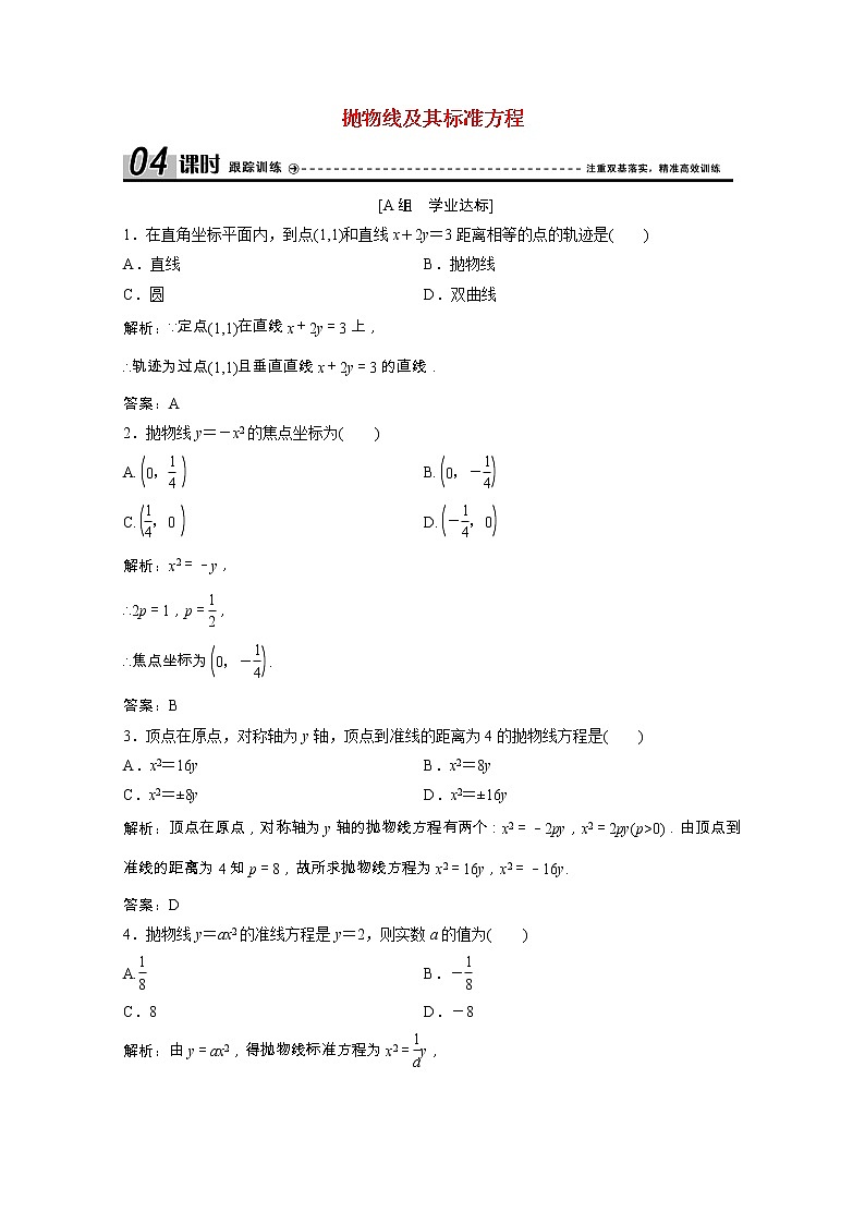新人教A版 选修1 高中数学第二章圆锥曲线与方程2.3.1抛物线及其标准方程课时跟踪训练（含解析）01