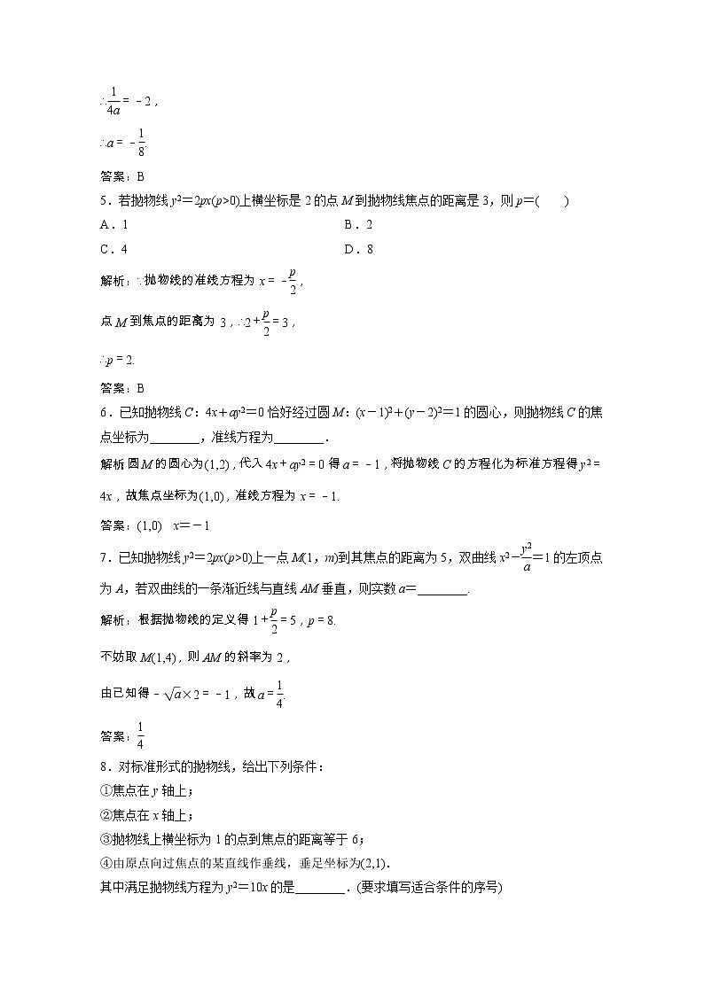 新人教A版 选修1 高中数学第二章圆锥曲线与方程2.3.1抛物线及其标准方程课时跟踪训练（含解析）02