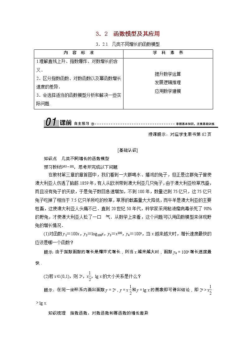 新人教A版 必修1 高中数学第三章函数的应用3.2.1几类不同增长的函数模型学案（含解析）01