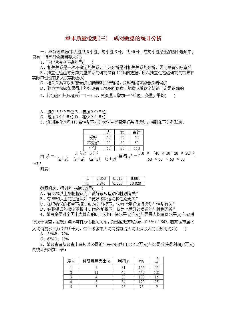 新人教A版 选择性必修3 高中数学 第八章成对数据的统计分析章末质量检测（含解析）01