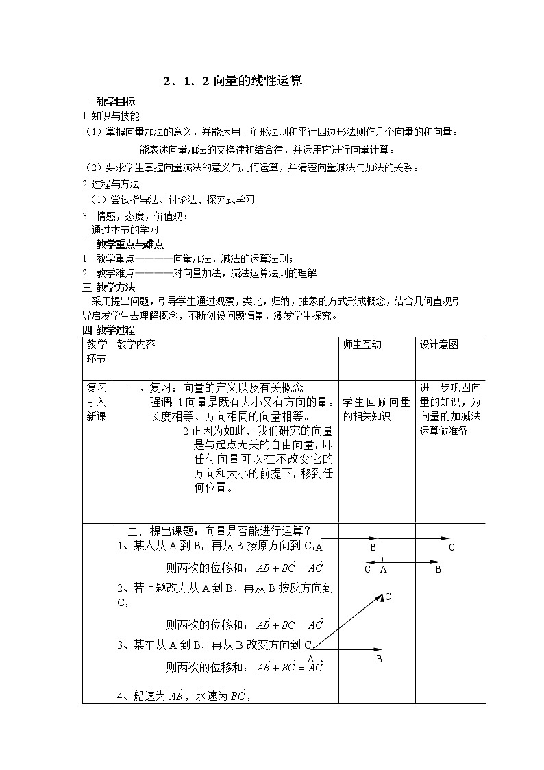 新人教B版高中数学必修四 2.1.2向量的加法教案01