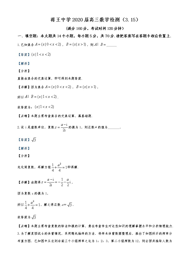 江苏省扬州市邗江区蒋王中学2019-2020学年高三下学期3月检测数学试题01