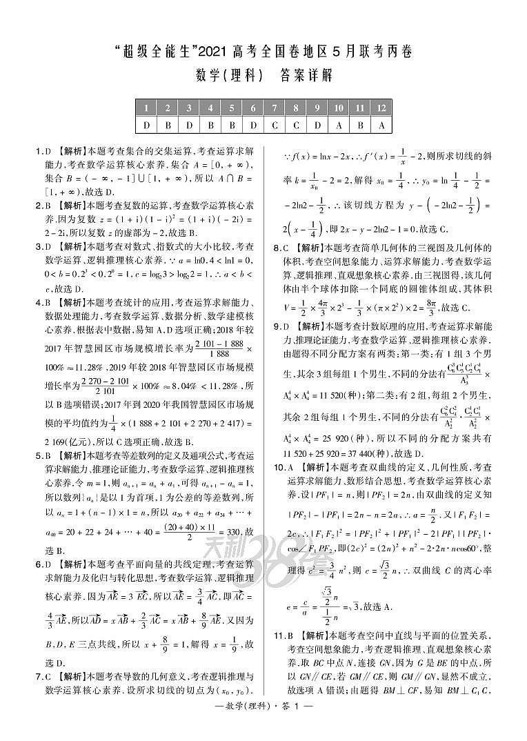 2021超级全能生高三5月联考丙卷：数学（理）+答案01