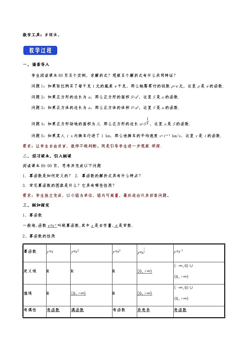 高中 数学 人教A版 (2019) 必修一3.3 幂函数 教学设计02