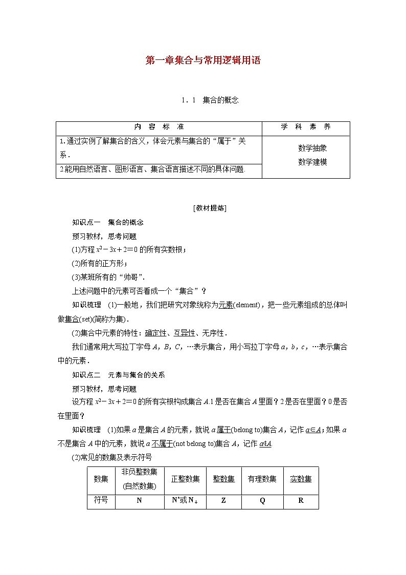2020-2021学年新教材人教A版必修第一册  1.1集合的概念  学案01