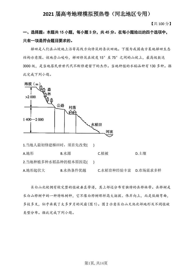 2021届高考地理模拟预热卷（河北地区专用）第1页
