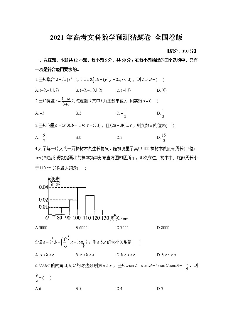 2021年高考文科数学预测猜题卷 全国卷版 （含参考答案）01