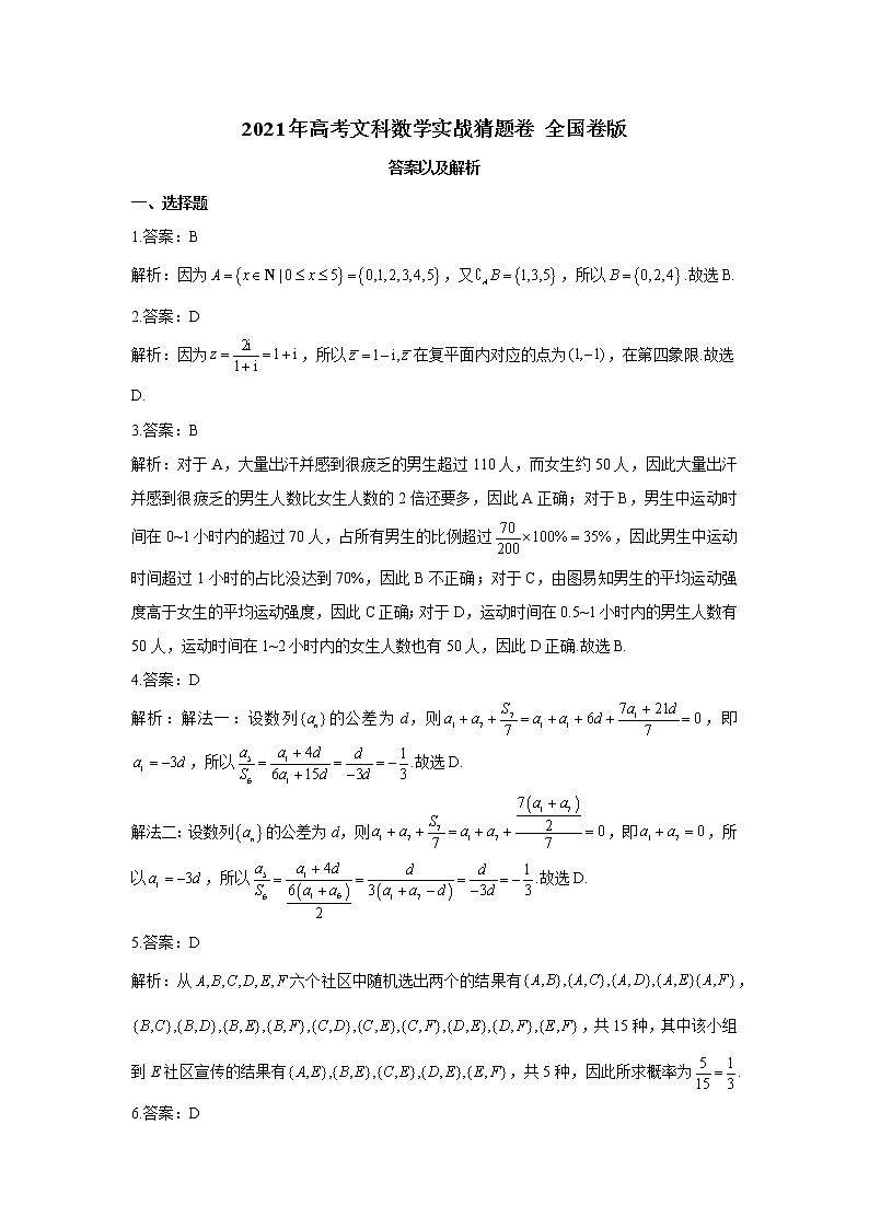 2021年高考文科数学实战猜题卷 全国卷版【答案】第1页