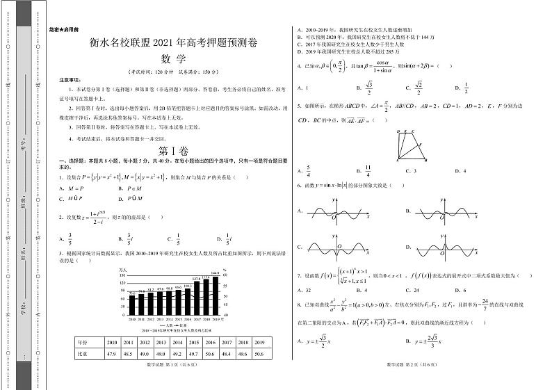 衡水名校联盟2021年高考押题预测卷-数学（含答案、答题卡）01