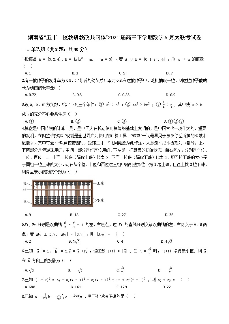 湖南省“五市十校教研教改共同体”2021届高三下学期数学5月大联考试01