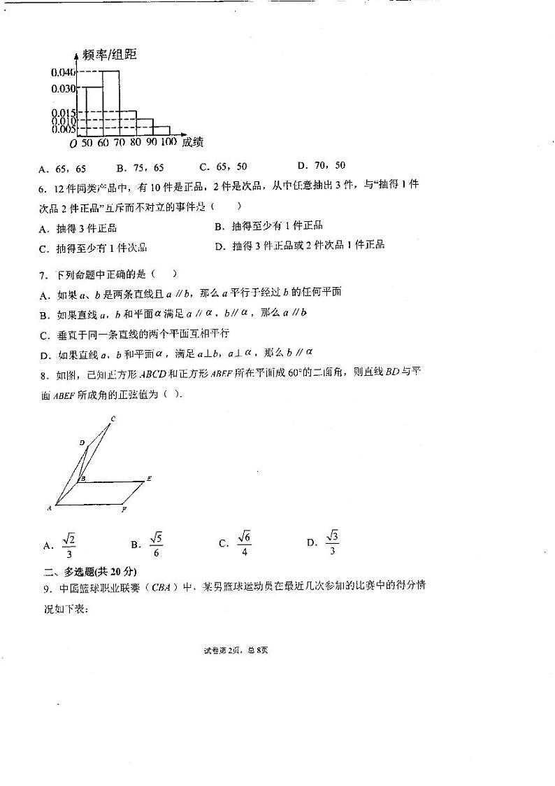 山东省菏泽市第一中学2020-2021学年高一5月月考数学试题（扫描版）02