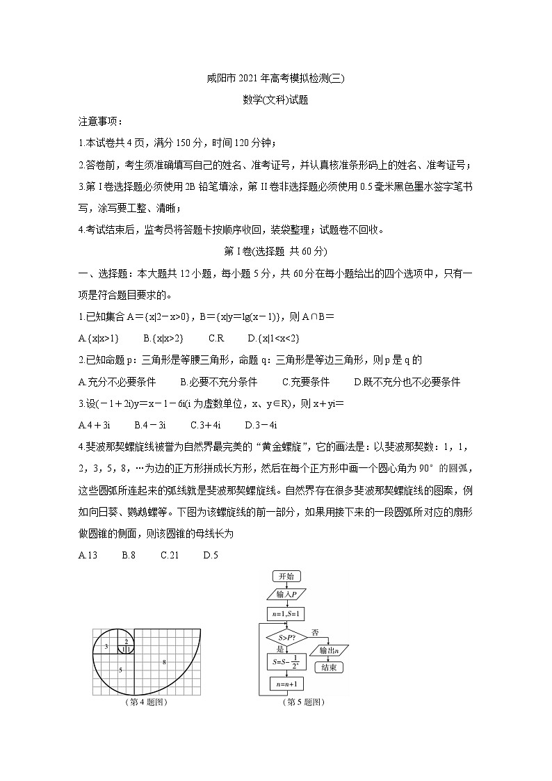 陕西省咸阳市2021届高三高考模拟检测（三）+数学+答案第1页