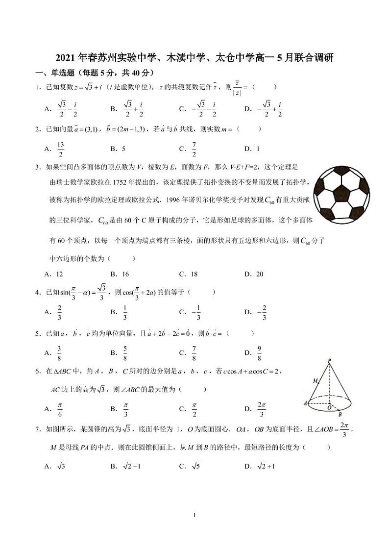 江苏省苏州市2021届高一5月联合调研数学【试卷pdf版+答案】第1页