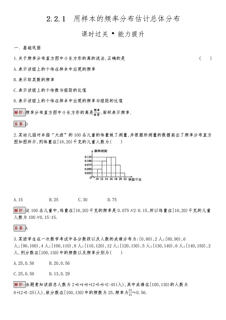 高中数学人教版新课标A 必修3　2.2.1　用样本的频率分布估计总体分布 试卷01